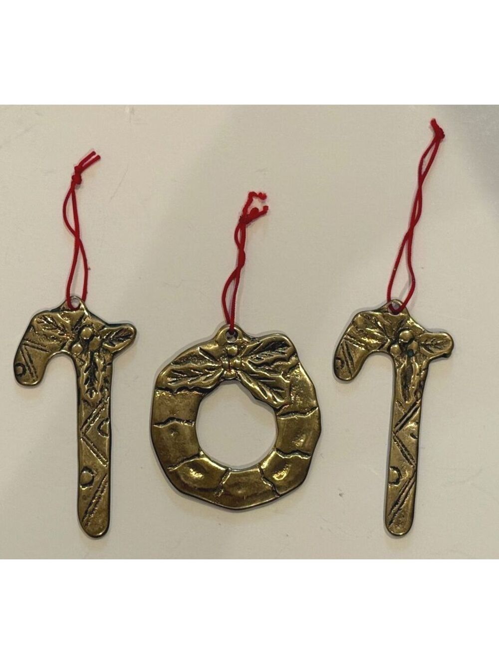 Vintage Taiwan ROC Metal Christmas Ornaments Wreath Candy Canes Set of 3